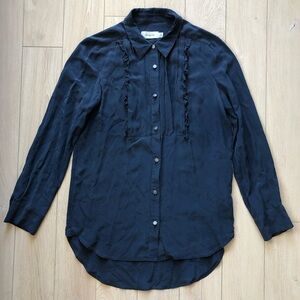 Coach Silk Ruffle Tuxedo Button Down Shirt in Navy Size 8